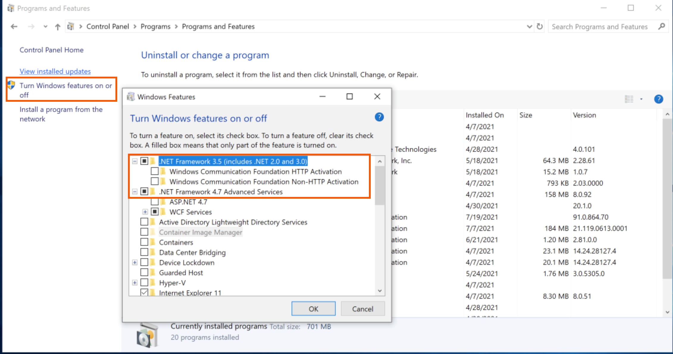 Unselecting the .NET Framework checkbox in the Windows Programs and Features folder to fix errors in Lacerte and ProSeries products.