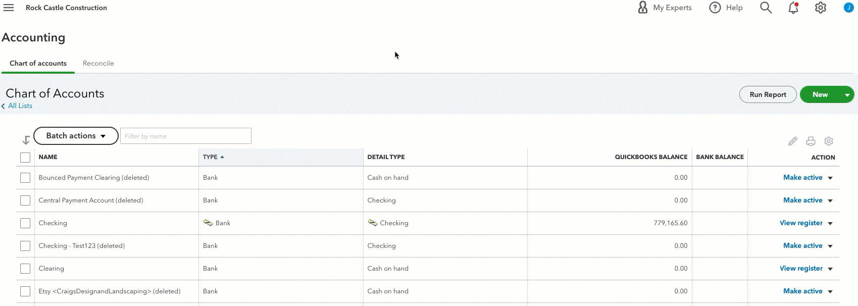 Cursor selecting Make active for an account in Chart of accounts of QuickBooks Online - animated