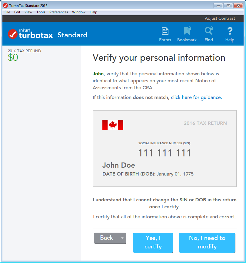 TurboTax CD/download edition - Verify your personal information page in the Review stage