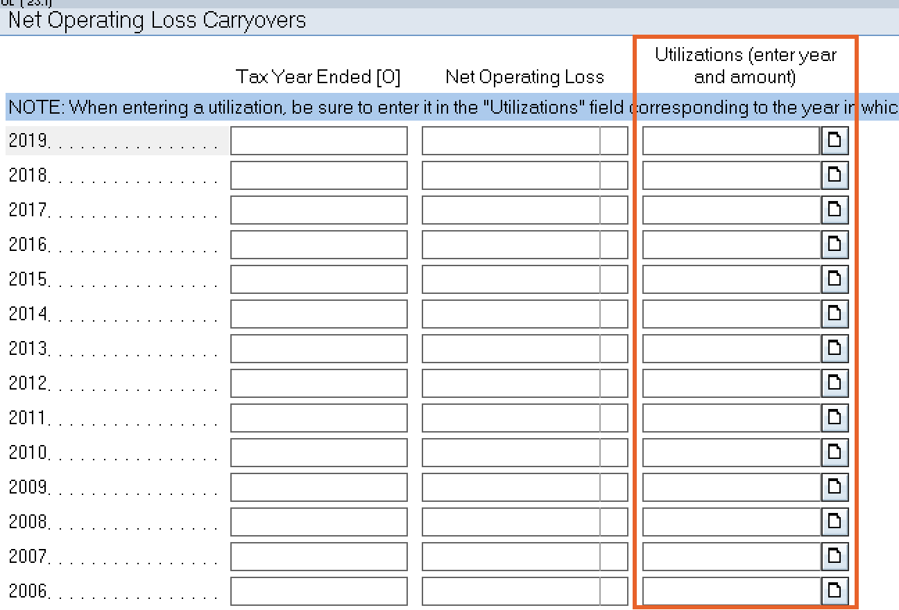 Entering a NOL carryover in the Corporate module of Lacerte