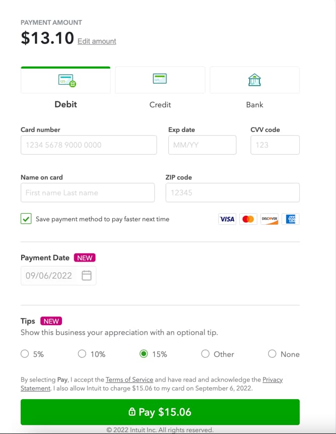 Customer view of an invoice email sent by QuickBooks Online merchant.