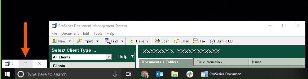 Arrow pointing to the second button to maximize the Scan Documents screen to full screen size when the Document Management System (DMS) is minimized.