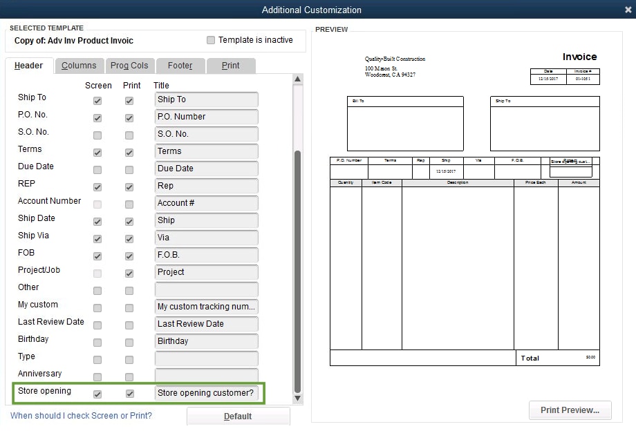 customize fields in a template in quickbooks for mac