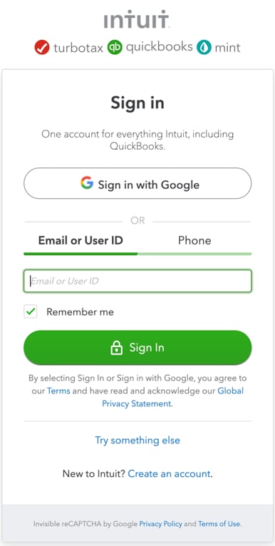 This is the login screen to access QBO using Google credentials.