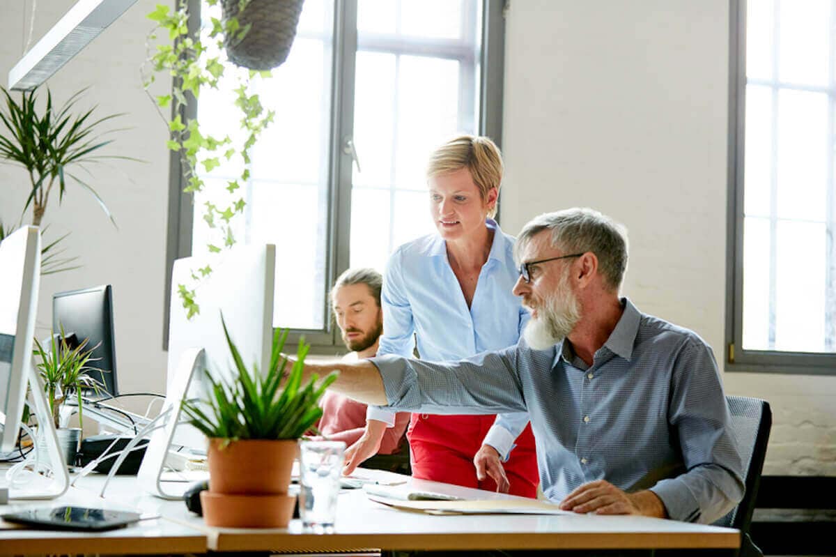 Mature businessman with female colleague indicates something on computer screen