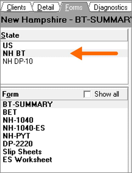 Image showing how to view Form BET in Lacerte from the New Hampshire - BT-SUMMARY page with an arrow pointing to NH BT under the State section.