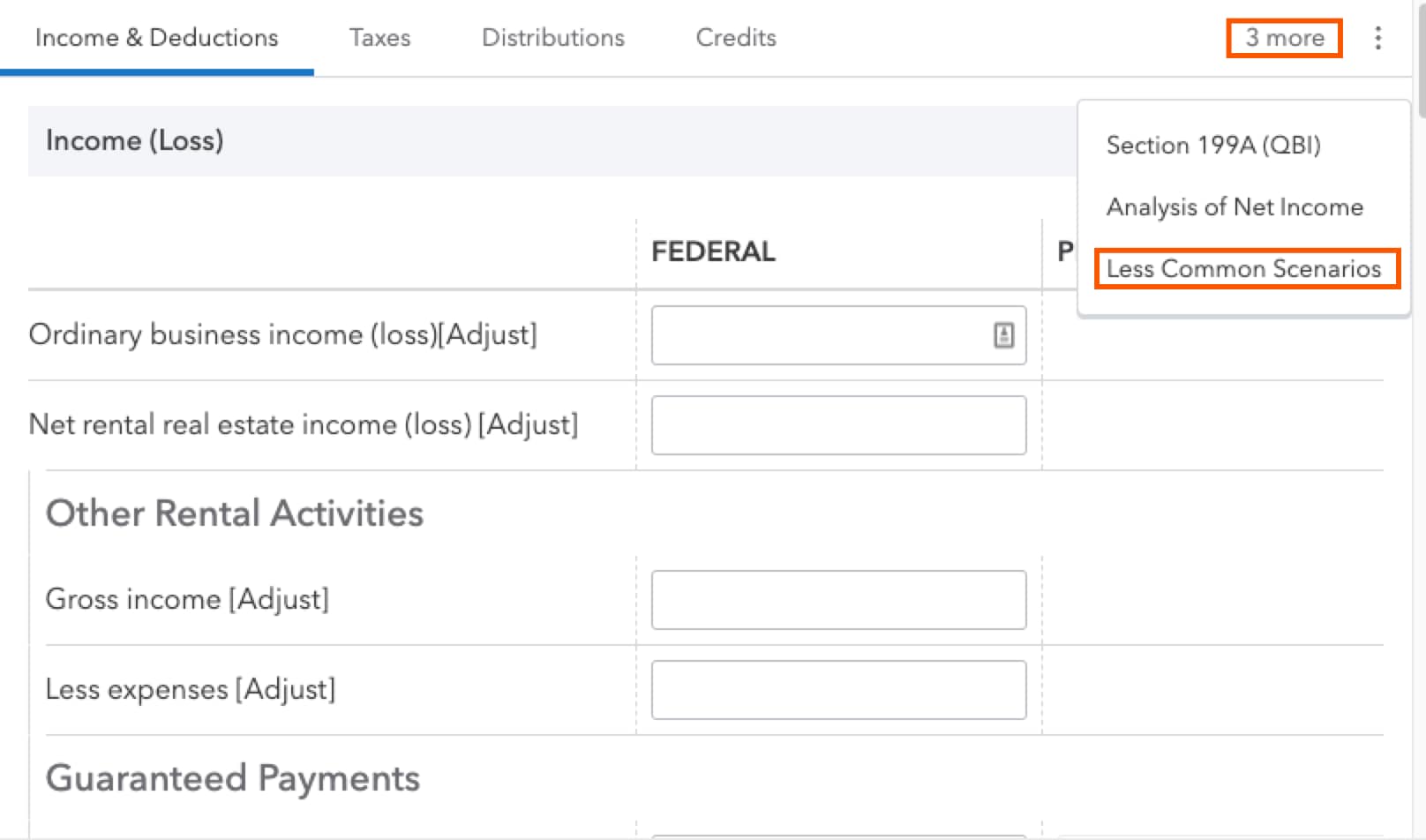 Selecting the "3 more" tab, "Less Common Scenarios" in ProConnect Tax in the Other Schedule K Items screen.