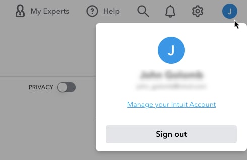 Image highlighting the Manage your Intuit Account link in QuickBooks Online.