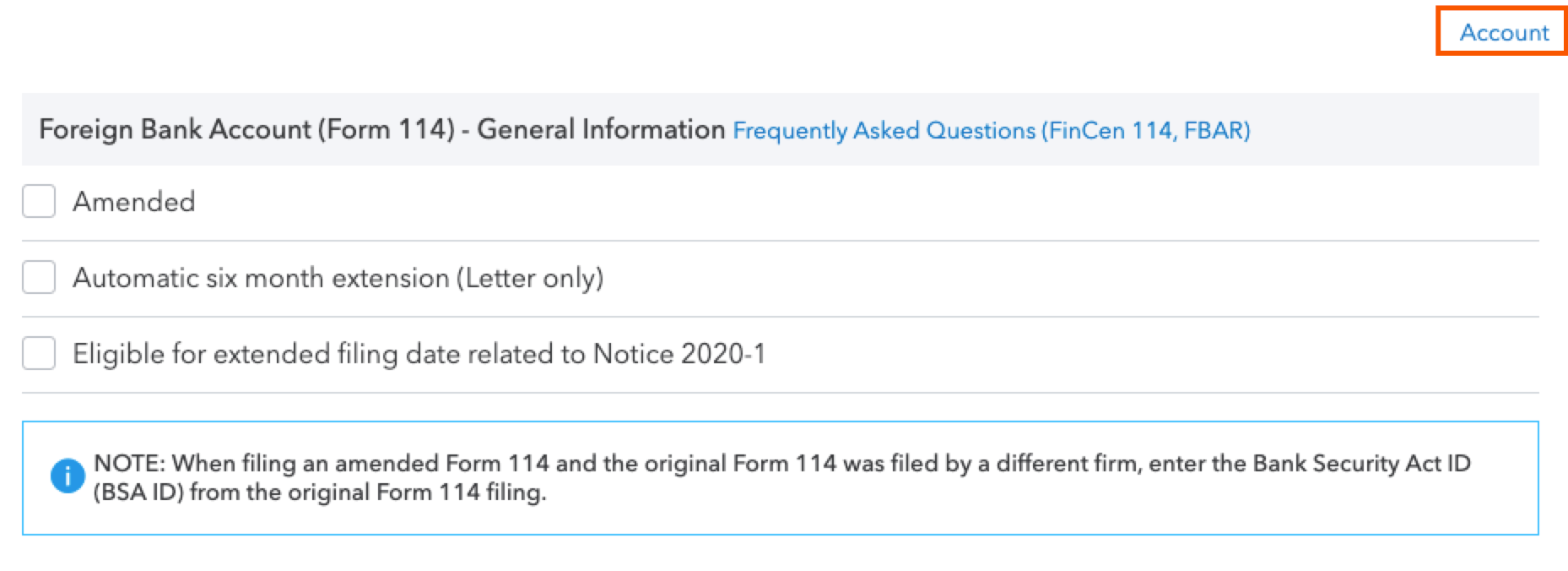 Selecting the Account tab to generate Form 114 in an Individual return in ProConnect Tax.