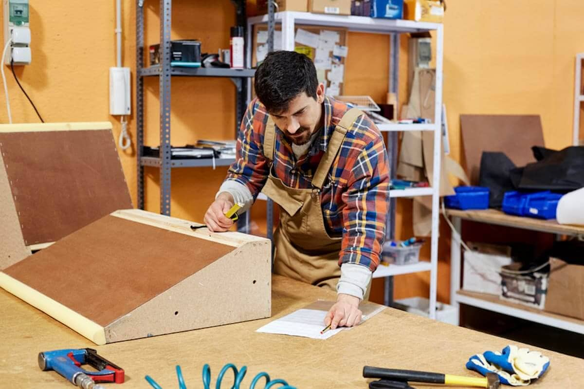 A craftsman works on wood projects in his shop.