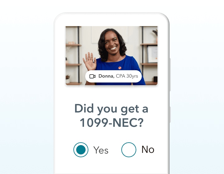 笔记本电脑显示“您有1099-NEC吗?”屏幕上，税务专家Donnbob综合app官网登陆a在屏幕上挥手。唐娜有30年的工作经验。