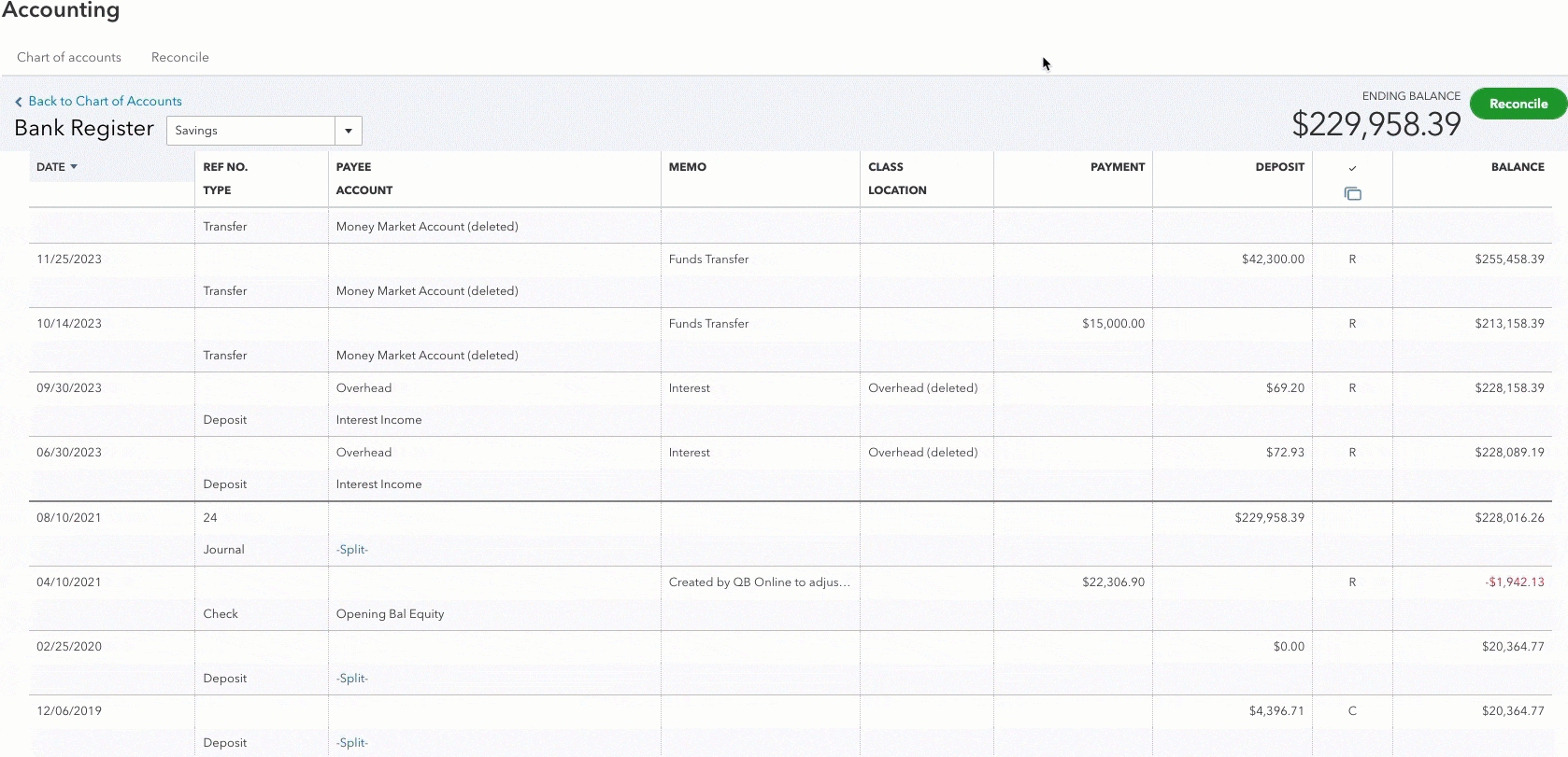 Highlight of the transaction that was created by QuickBooks Online to adjust balance for deletion - animated