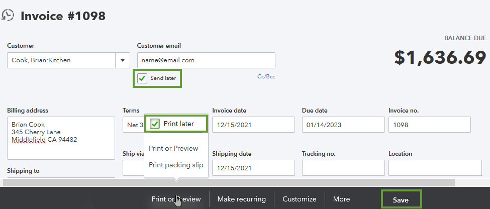 This shows the two options to select send later or print or preview and then print later on a sales form.