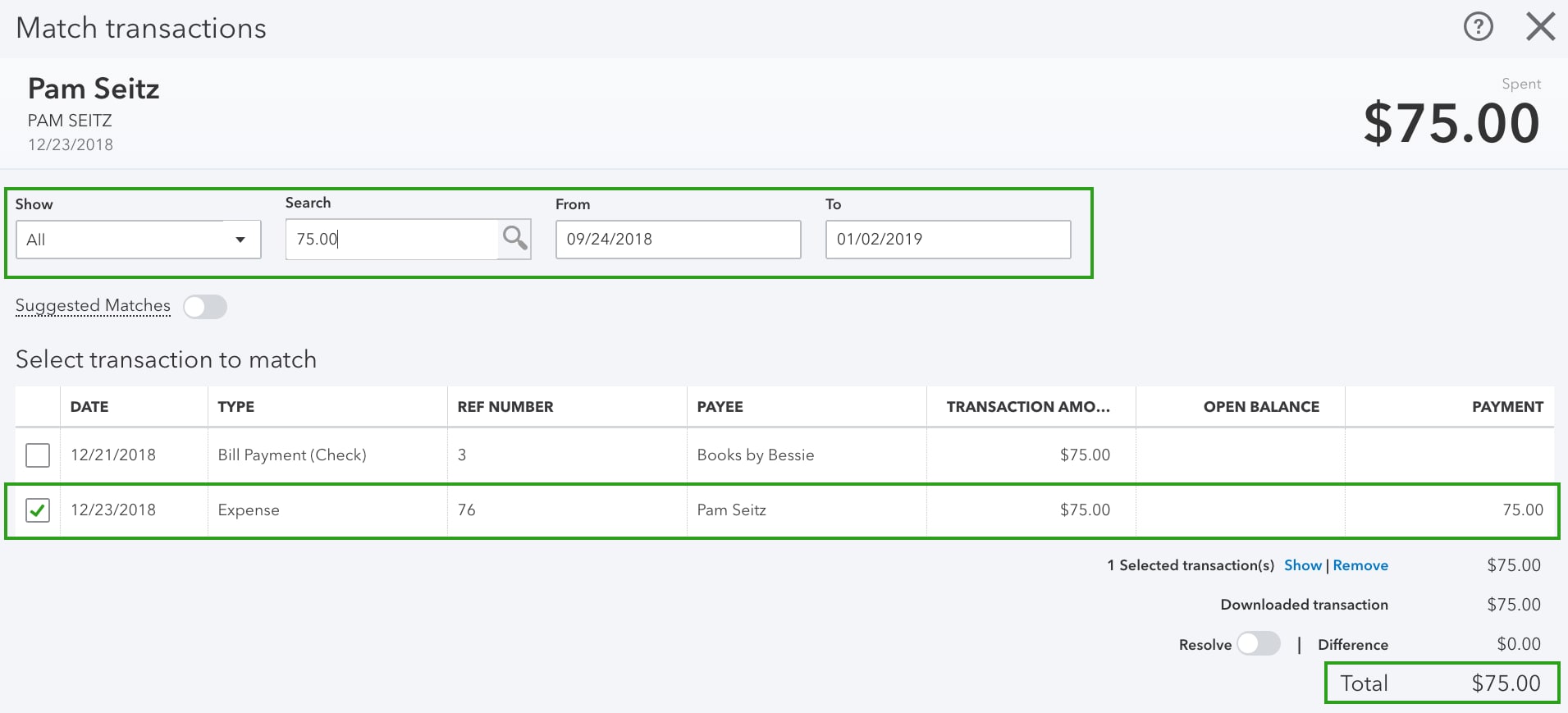 quickbooks download bank transactions match