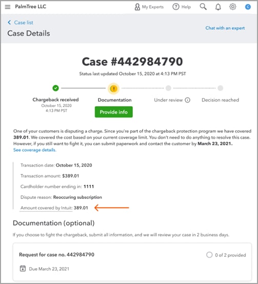 (image) QuickBooks Online Chargeback Protection Program Case Details example 