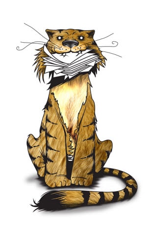 Illustrated tiger with mouth full of papers