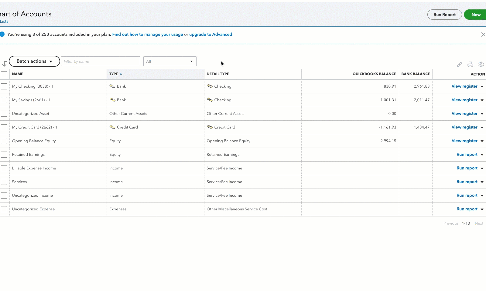 Cursor highlighting the Uncategorized Expense and Uncategorized Income accounts in the Chart of Accounts - animated