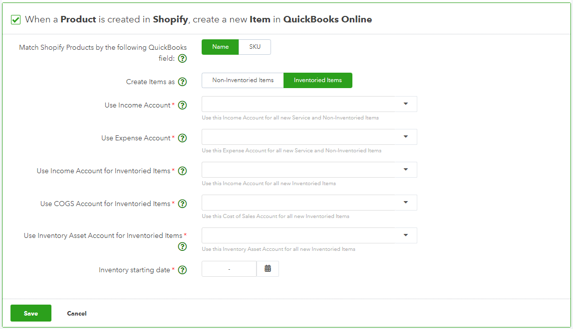 Match Shopify products to QBO fields