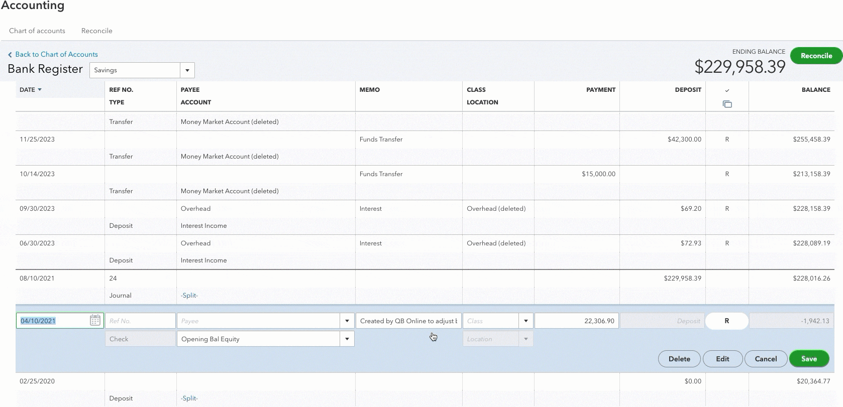 Cursor selecting the bank register entry, then selecting Delete in QuickBooks Online - animated