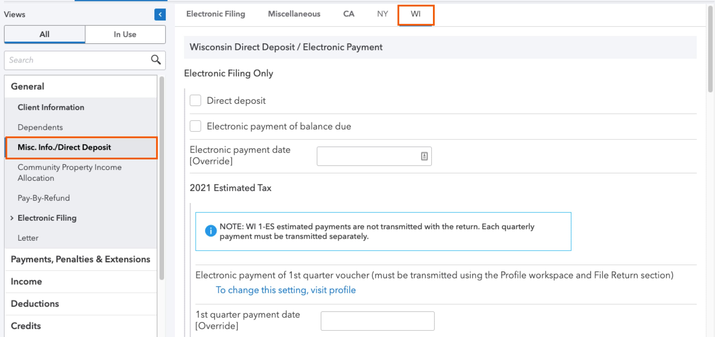 Selecting the WI tab in ProConnect Tax to generate Form 1NPR