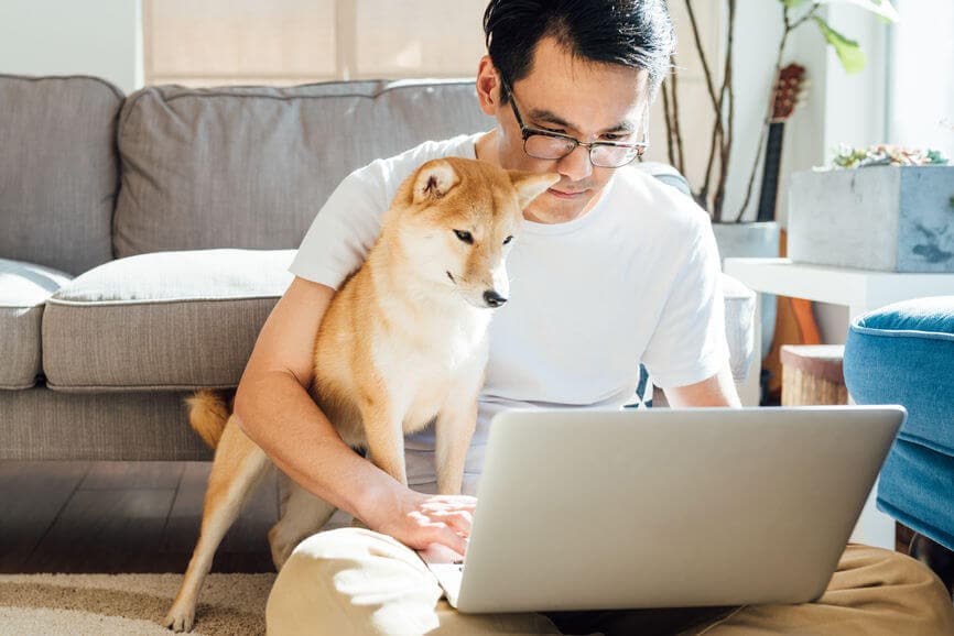 亚洲人在他的笔记本电脑带着一只狗