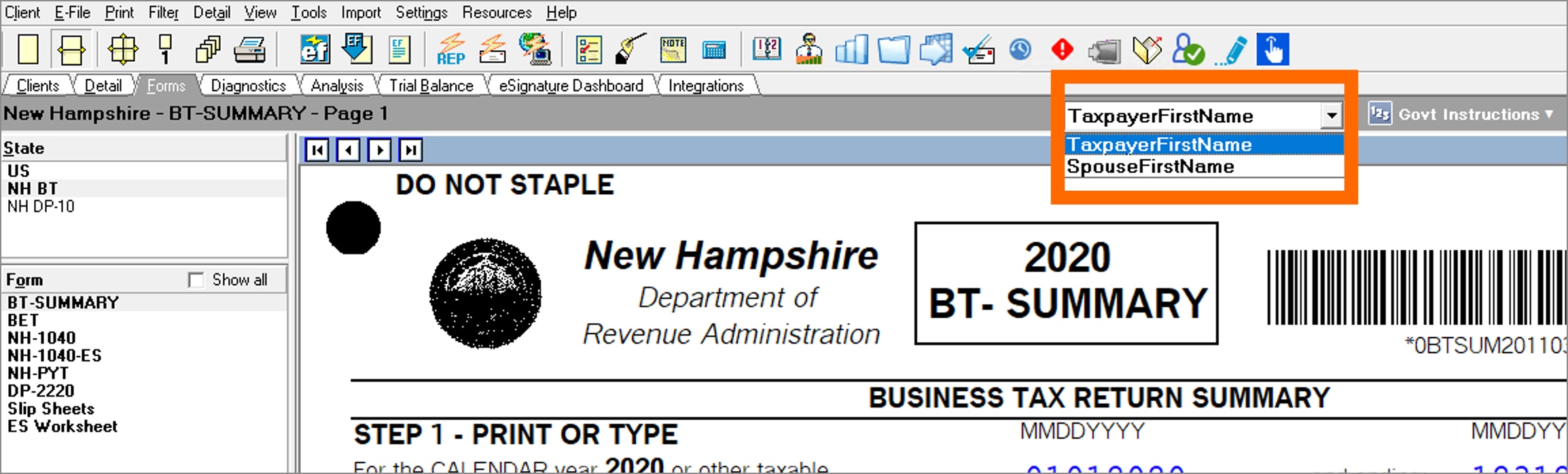 Image showing how to view Form BET in Lacerte from the New Hampshire - BT-SUMMARY page.