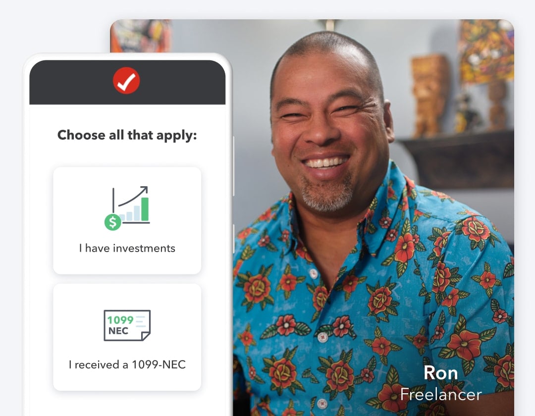 Ron, a free lancer smiling and next to him is a phone displaying choose all that apply question.