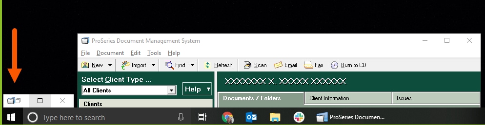 Arrow pointing to the first button to restore the Scan Documents screen when the Document Management System (DMS) is minimized.