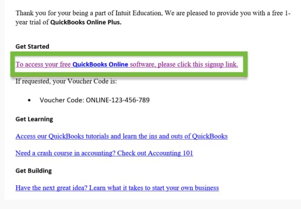 Sign-up link for QuickBooks Online