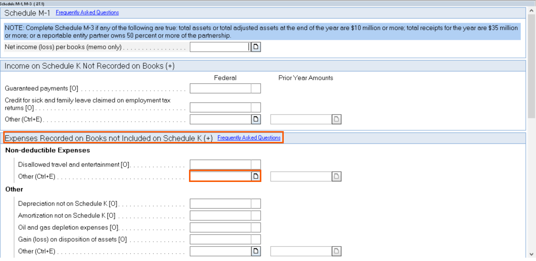 Screenshot highlighting input fields for nondeductible expenses in Lacerte