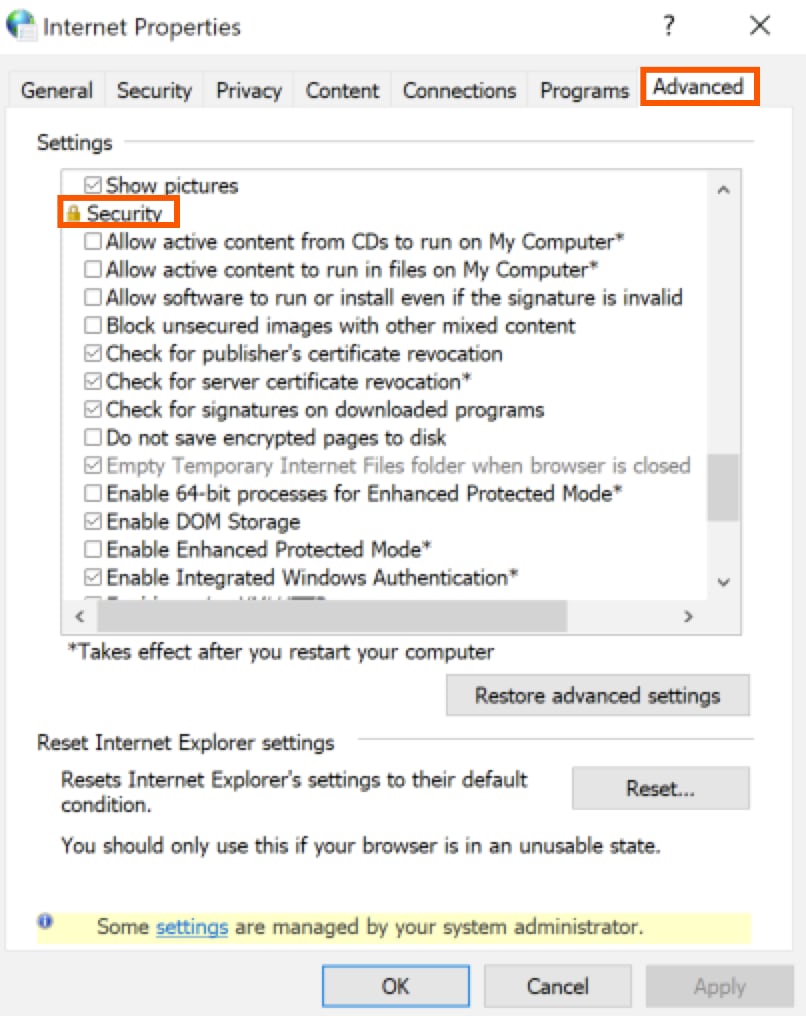 Selecting the SSL 3.0 checkbox in Window's Internet Properties pop-up to resolve Secure Channel Support errors in ProSeries Basic.