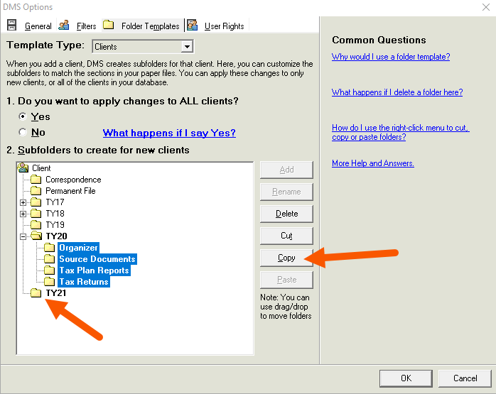 Template folder window in DMS showing paste function