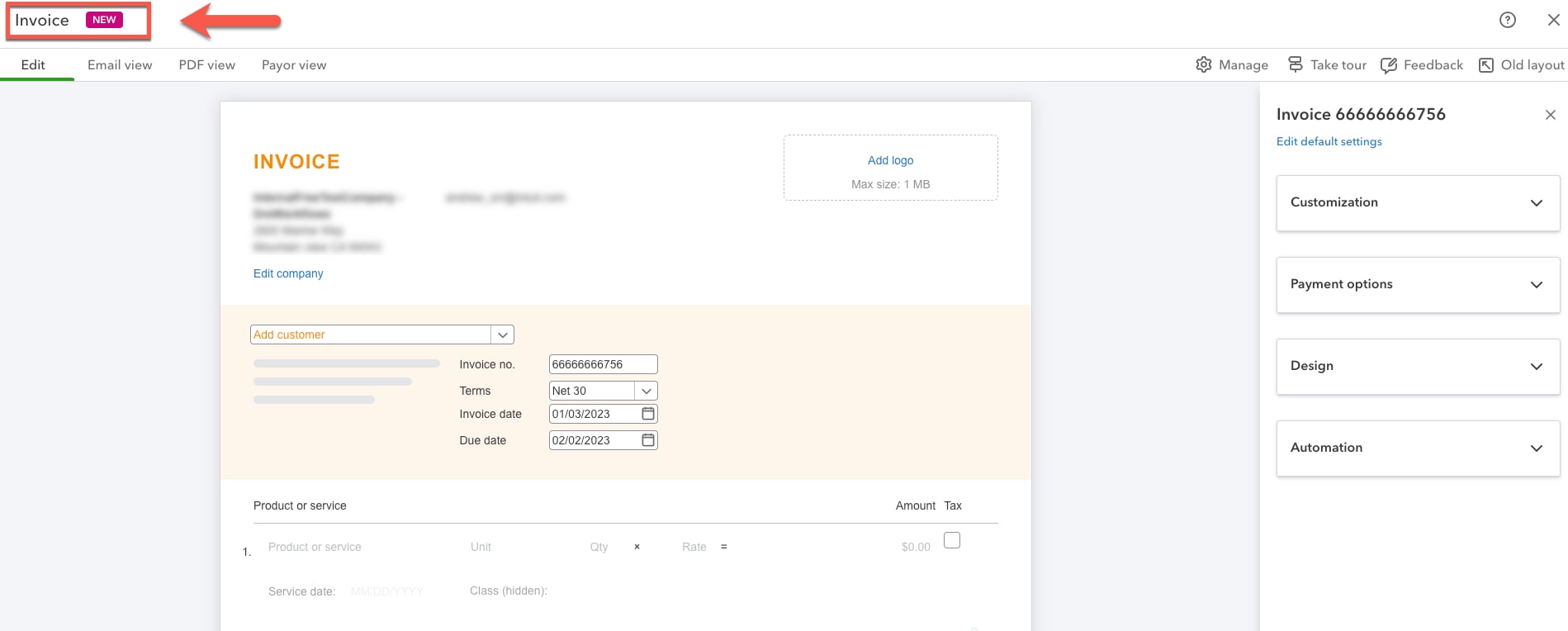 Highlight of new invoice experience  indicator at top of sales form in QuickBooks Online.