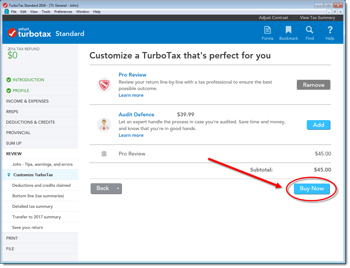 TurboTax CD/download edition Pro Review Buy Now button