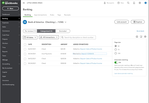 Image of Automatic matching enabled in QuickBooks Online