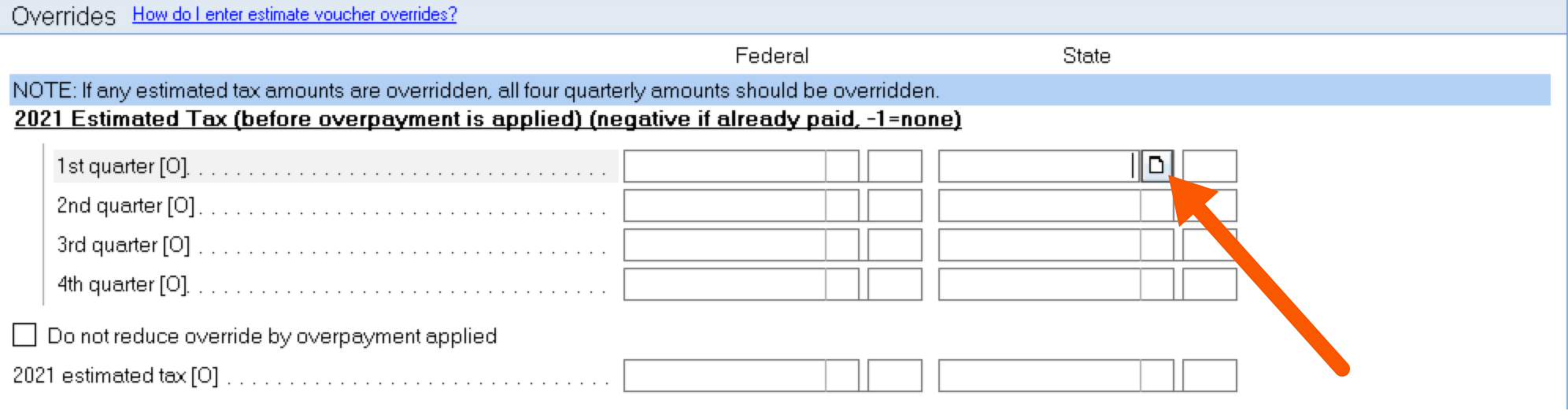 Selecting the empty box next to the State input under Overrides to enter multi-state estimated tax amounts in Lacerte.