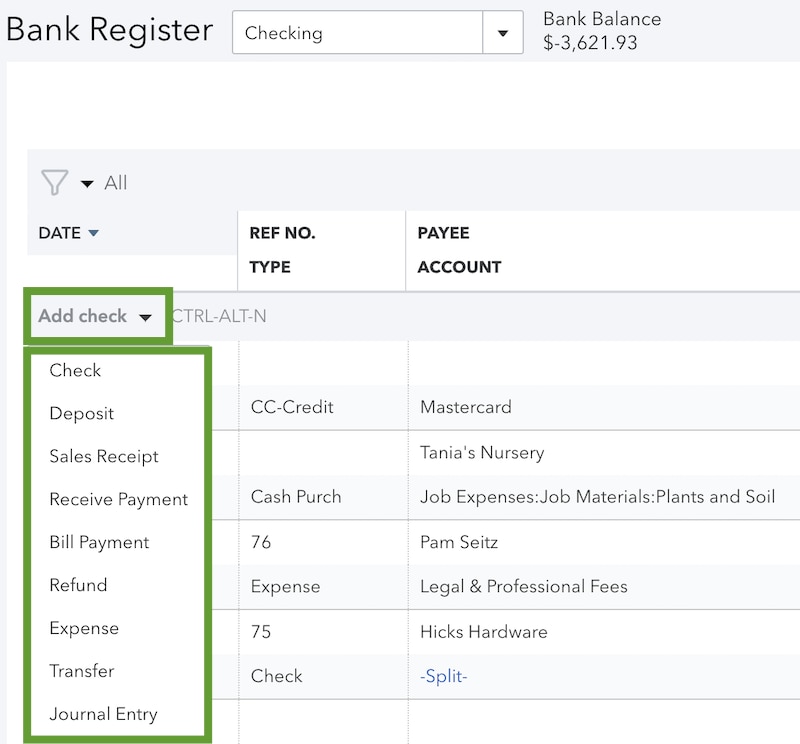 This shows the drop down menu at the top of a register list. You can quickly add transactions from this menu.