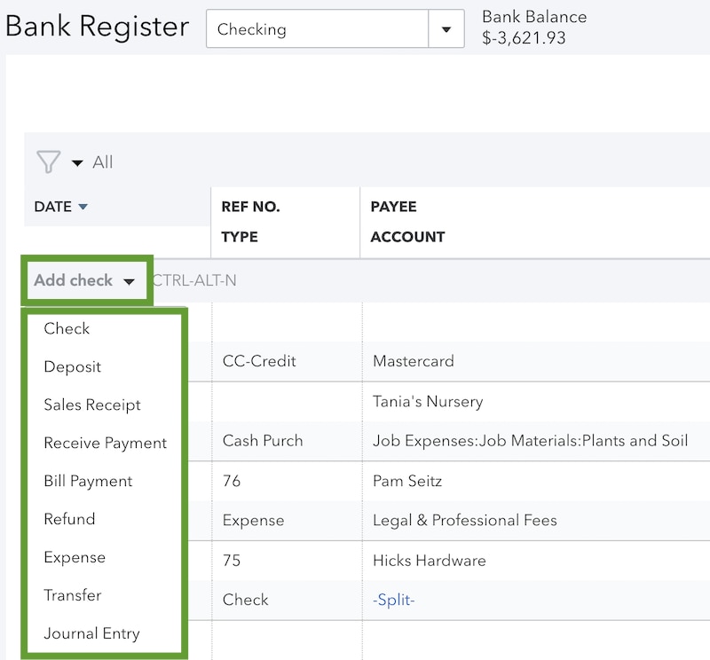 This shows the drop down menu at the top of a register list. You can quickly add transactions from this menu. 