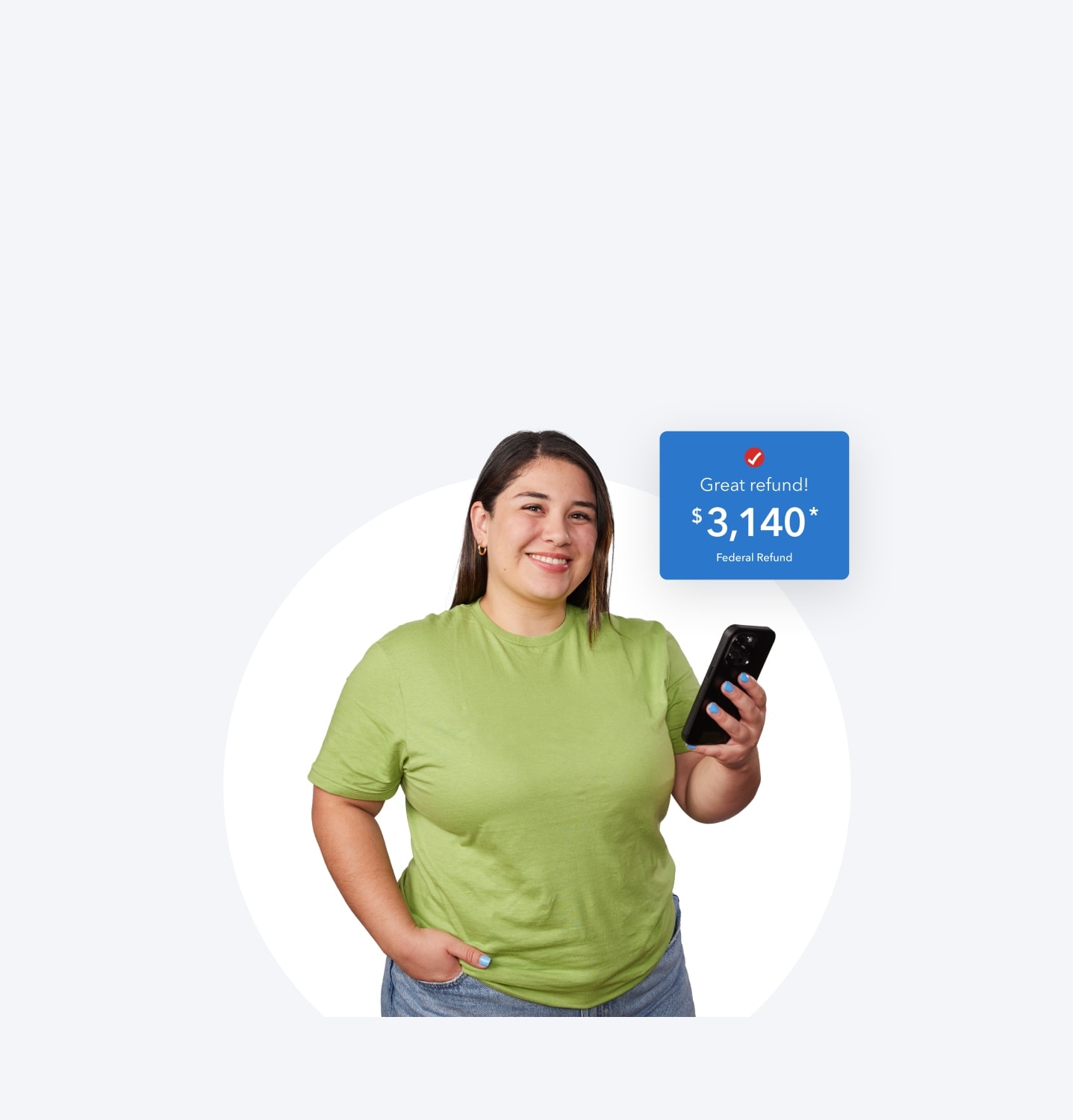 A woman is smiling and excited while using her phone to look at her federal refund she’s getting with TurboTax's help.