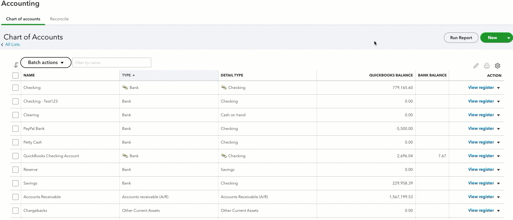 Cursor selecting View Register for a restored account in QuickBooks Online - animated