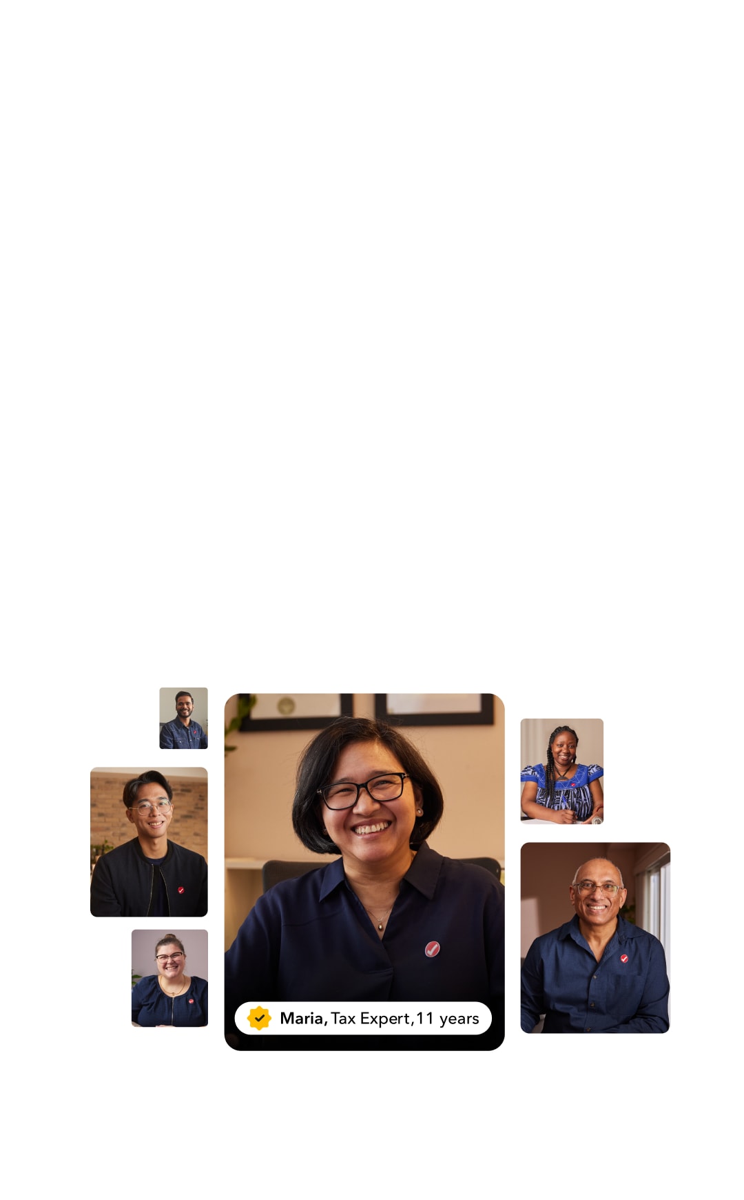 A collage of six TurboTax experts smiling in their respective work spaces.