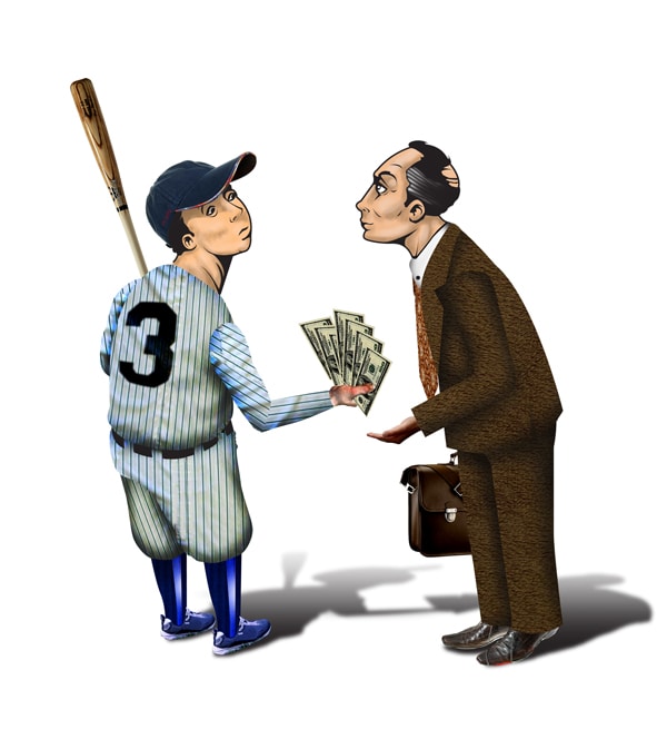 Illustration of baseball player holding money up to man in business suit