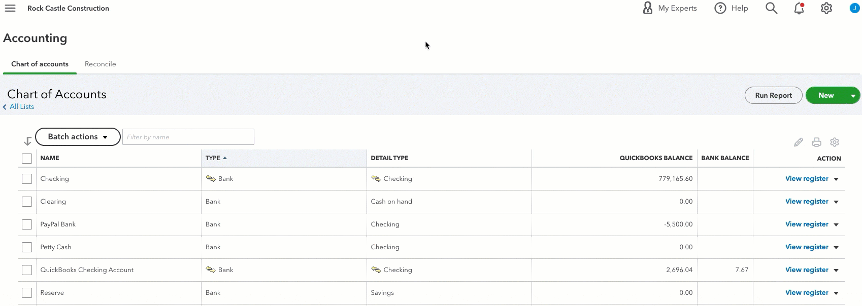 Cursor selecting the Settings icon, then the Include inactive checkbox in QuickBooks Online - animated