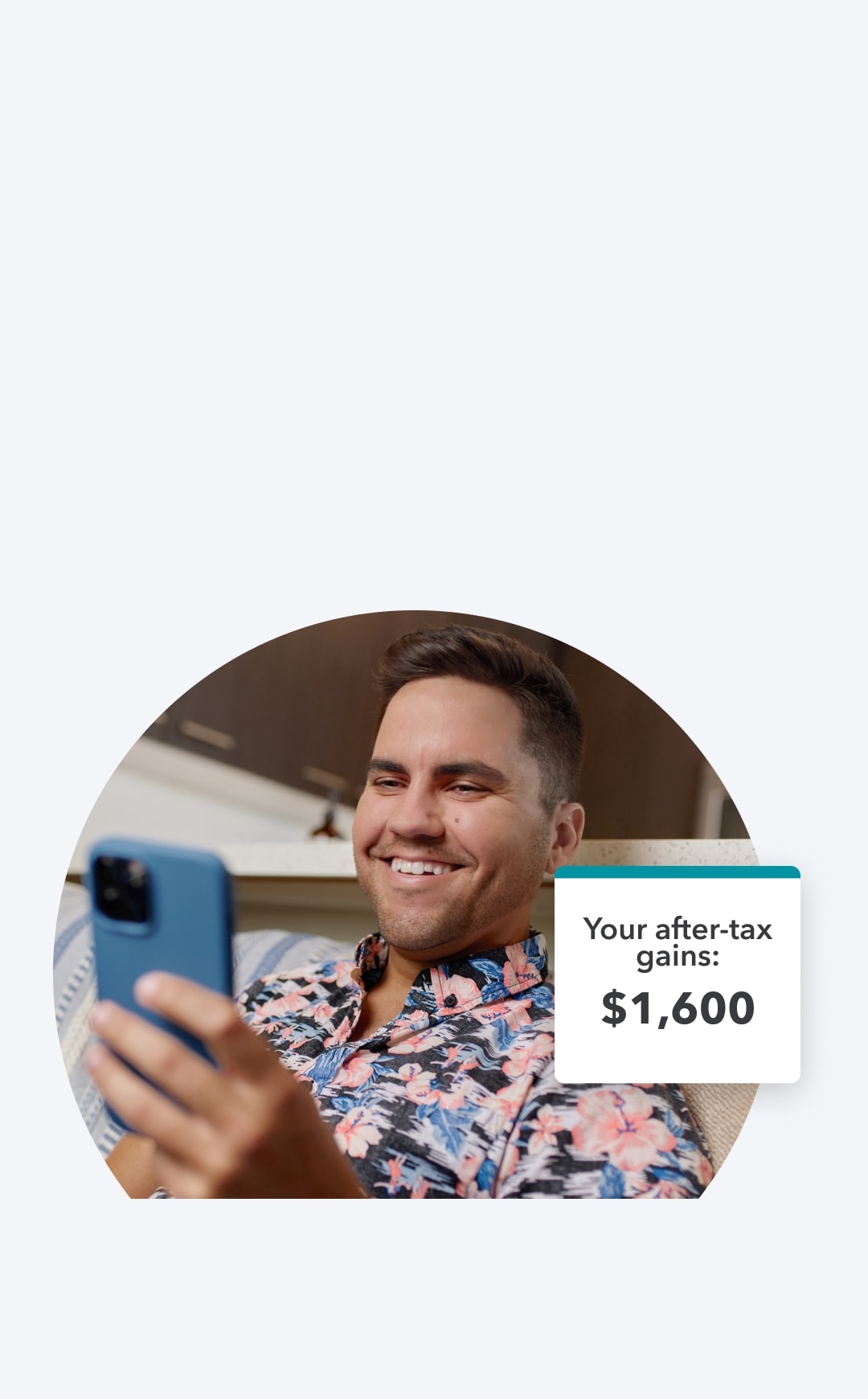 A man is smiling and excited while looking at his crypto tax gains he's getting with TurboTax's help.