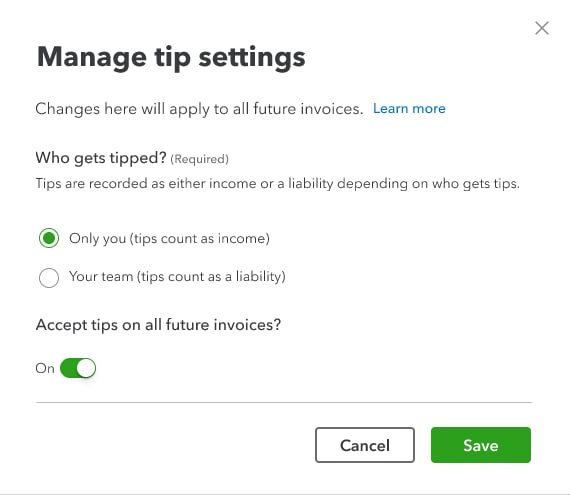 Manage tip settings window of an invoice in QuickBooks Online.