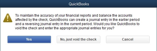 Would you like QuickBooks to void the check and enter the appropriate journal entries for you?