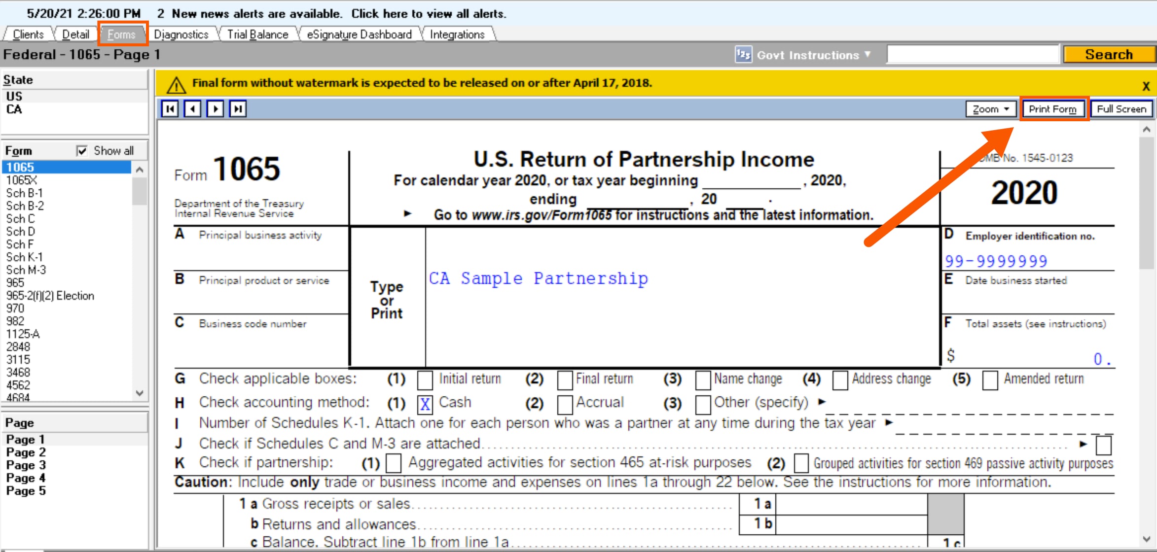 Selecting the Forms tab in Lacerte, then selecting the Print Forms button to print specific returns.
