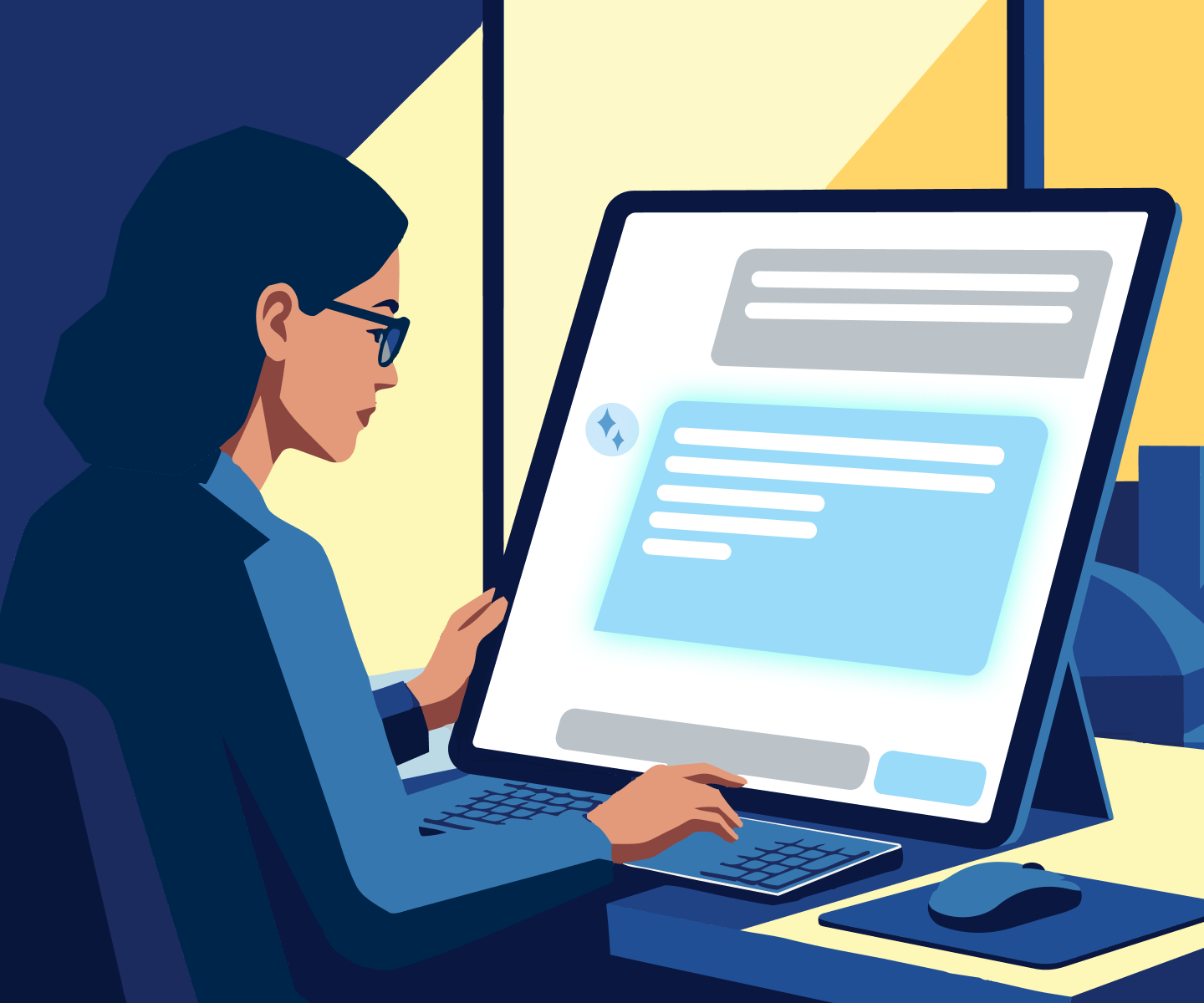 Woman working at large computer in office setting