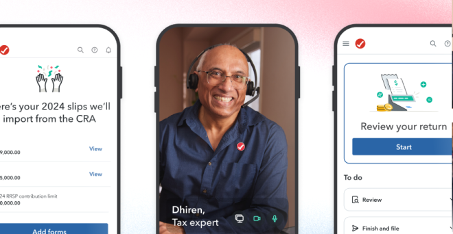 Two images of the TurboTax mobile app UI. Third image of Dhiren, a tax expert wearing a headset and smiling warmly.