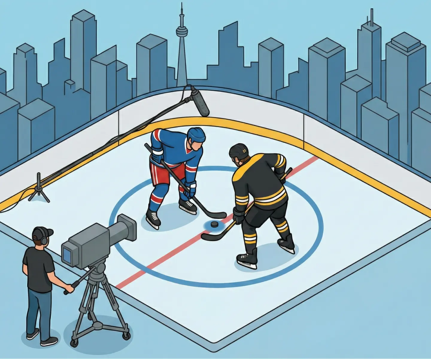 A group of people standing around a blue and yellow hockey rink.